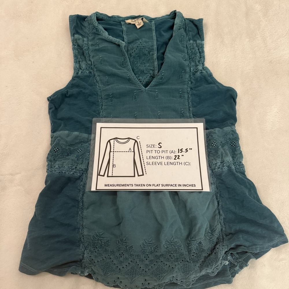 Lucky Brand Women's Sleeveless Top Size Small Crochet Boho Teal Cotton Indie - Picture 3 of 10